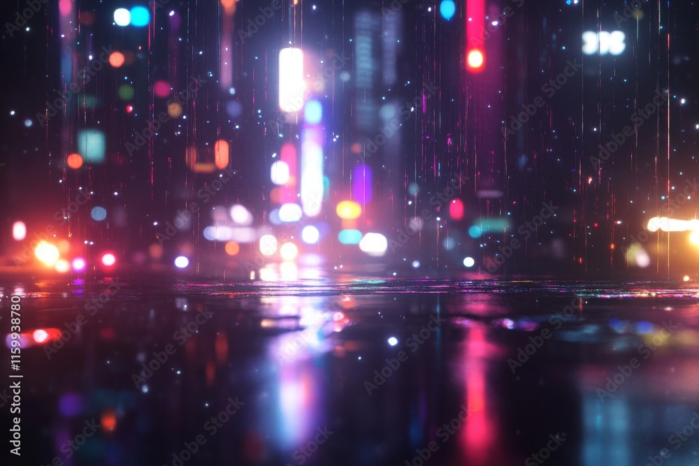 Poster abstract colorful digital rain falling on reflective surface.