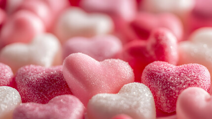 Obraz premium Soft Pink and White Sugary Heart Candies Creating Romantic Atmosphere for Valentine's Day : Generative AI