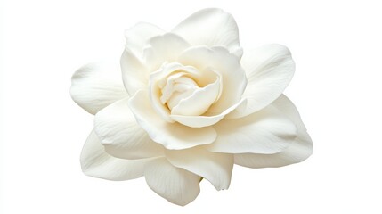 A detailed shot of a pristine white gardenia with smooth petals and a glossy texture, isolated white background, minimalistic art style