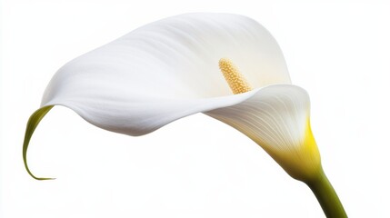 A detailed shot of a pure white calla lily with its sleek, elegant form and soft color, isolated white background