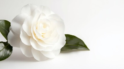 A detailed shot of a pure white camellia with its perfectly arranged, smooth petals and pristine color, isolated white background