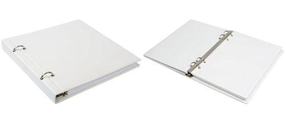 White three-ring binder, open and closed isolated with transparent background