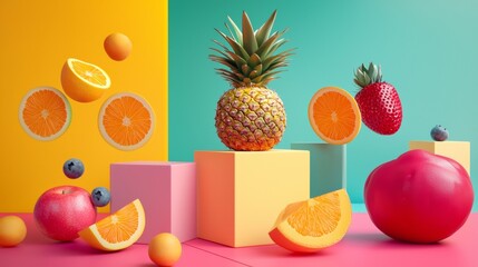 Tropical fruits arrangement with vibrant cubes