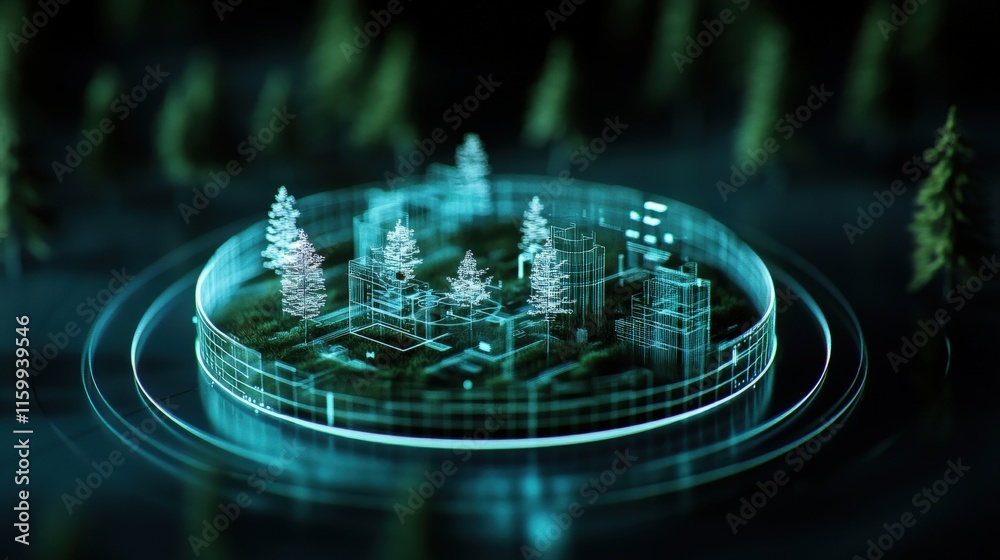 Aufkleber Futuristic Conceptual Visualization of a Digital Forest Featuring 3D Rendered Trees, Urban Structures, and Glowing Geometric Shapes in a High-Tech Environment
