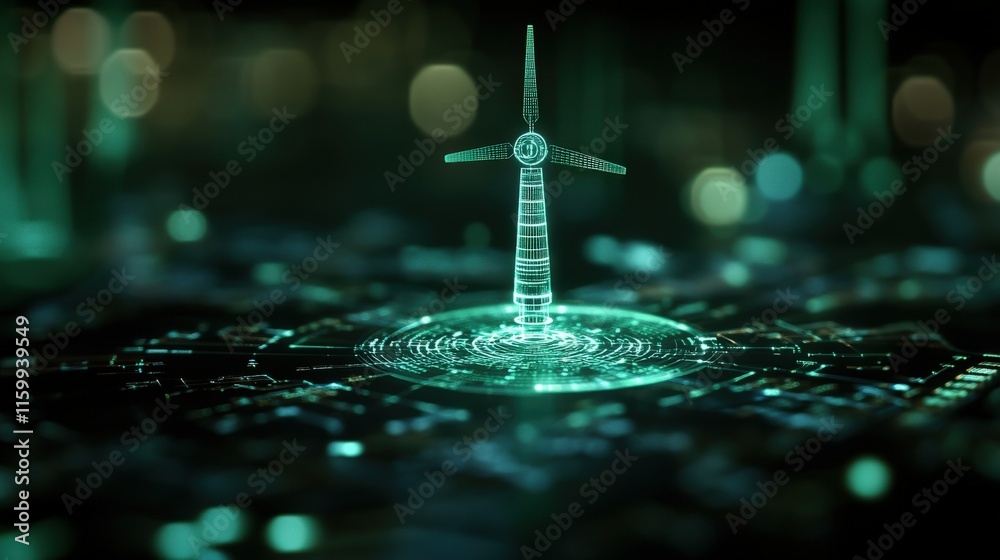 Aufkleber futuristic digital wind turbine representing renewable energy innovation on a circuit board backgrou