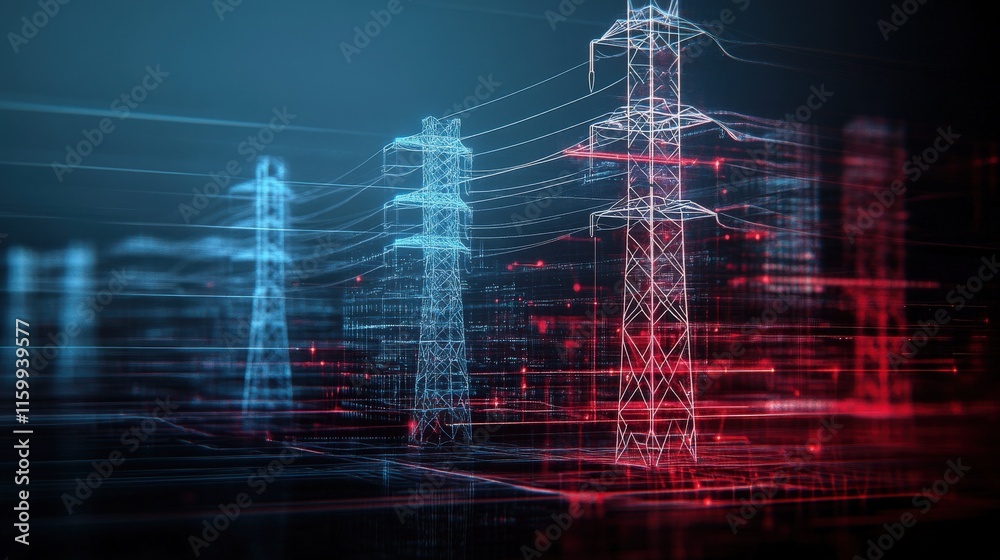Poster futuristic power grid with energy towers and digital network connections representing renewable ener