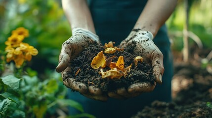 Hands holding fertile soil and compost, gardening.