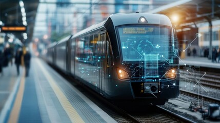 Fototapeta premium Modern Train at Station with Futuristic Technology Overlays Showcasing the Digital Transformation of Public Transportation and Enhancing Travel Experience