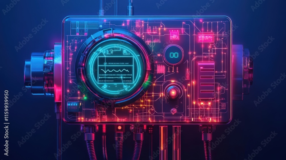 Poster Futuristic Control Panel with Vibrant Neon Lights, Featuring Intricate Circuitry and Digital Display for Modern Technology and Sci-Fi Aesthetics in High Resolution