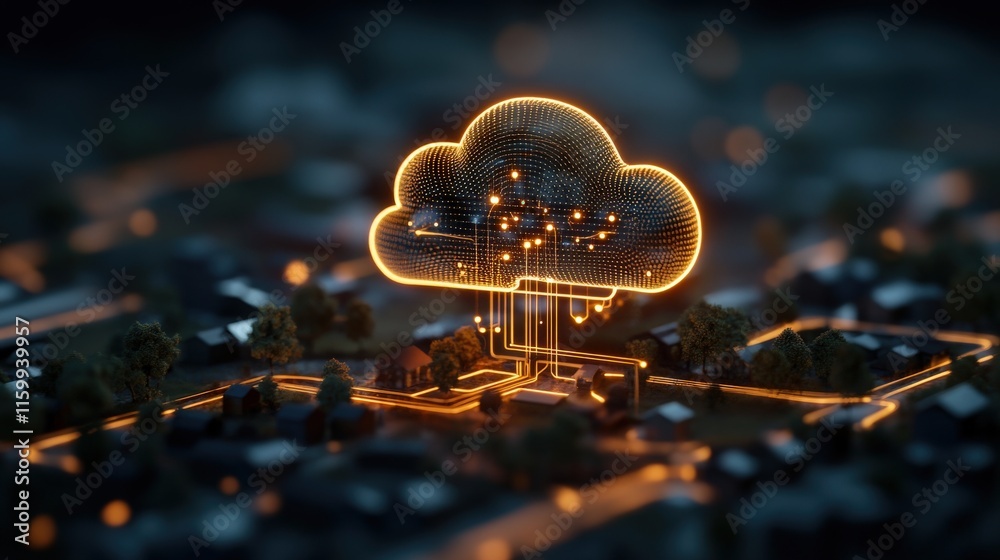 Poster Futuristic Concept of Digital Cloud Storage with Neon Circuit Patterns Over a Suburban Neighborhood at Night, Symbolizing Data Transfer and Connectivity