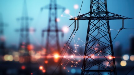 Industrial Power Transmission with Electric Towers in Urban Setting Showcasing Technology Connections and Modern Infrastructure at Dusk with Beautiful Bokeh Effect