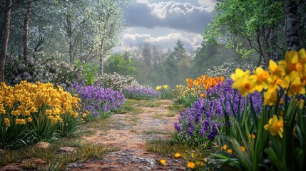 Obraz premium Sunlit path through spring flowers.