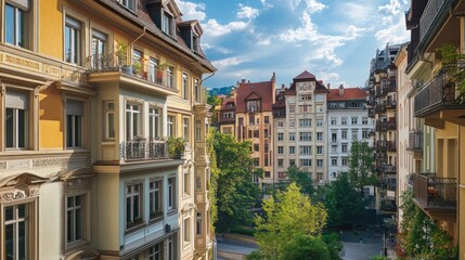 Obraz premium Scenic view of colorful buildings and greenery.
