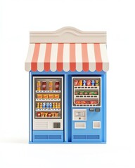 Colorful vending machines under a striped awning, providing a variety of snacks and drinks, set against a clean white background.