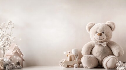 Baby shower design layout featuring children s toys including a teddy bear and framed on a light wall background