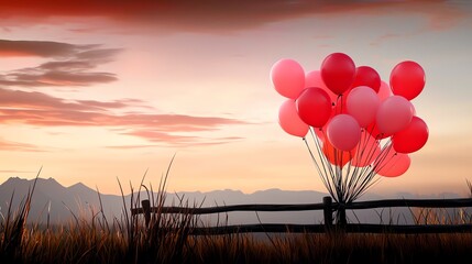 Fototapeta premium Colorful balloons float above a rustic wooden fence at sunset, creating a joyful and serene atmosphere in a natural landscape.