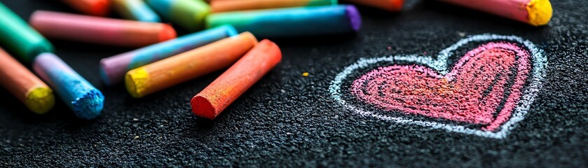 Colorful chalks arranged beside a hand-drawn heart on a black surface, symbolizing creativity and artistic expression.