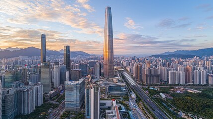 Obraz premium Sunrise cityscape with modern skyscraper.