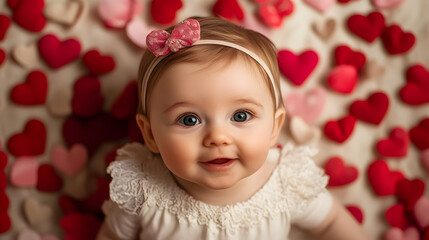 Fototapeta premium Adorable Baby with Heart-Shaped Decorations Celebrating Love and Innocence : Generative AI