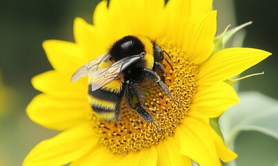 Bumblebee pollinating a bright yellow sunflower.