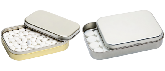 Two metal tins filled with white mints isolated with transparent background