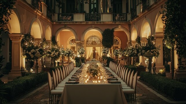 Elegant long table setting at night in a grand courtyard.