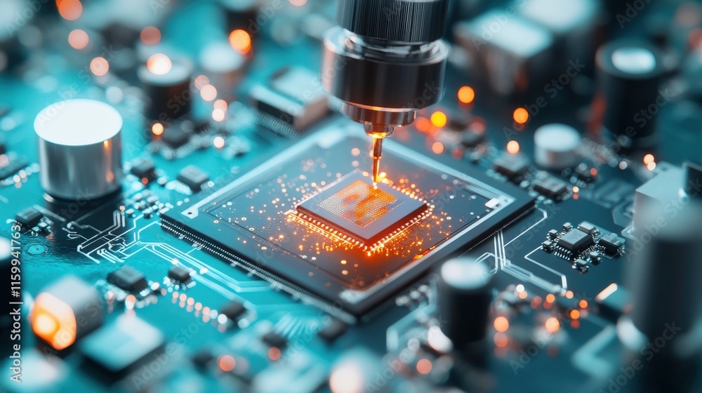 Poster High-tech Microchip Production with Precision Laser Work on Circuit Board in Advanced Electronics Manufacturing Environment