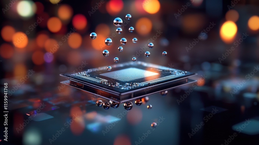 Aufkleber Abstract Representation of a Microchip Surrounded by Floating Droplets of Liquid over a Blurred Bokeh Background in a High-Tech Environment
