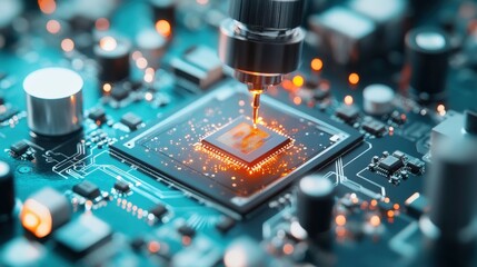 High-tech Microchip Production with Precision Laser Work on Circuit Board in Advanced Electronics Manufacturing Environment
