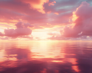 Fototapeta premium Serene sunset over calm ocean; pink and orange hues paint the sky and water, creating a tranquil and peaceful atmosphere. Perfect for travel, relaxation, or meditation themes.