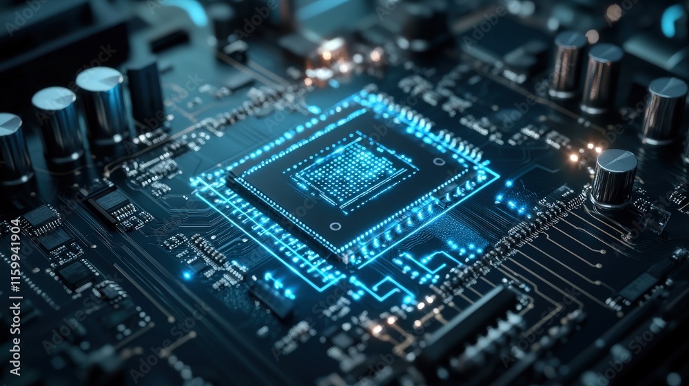 Poster Detailed Close-up of a Futuristic Microchip on a Complex Circuit Board with Glowing Elements Illustrating Technology and Innovation in Electronics