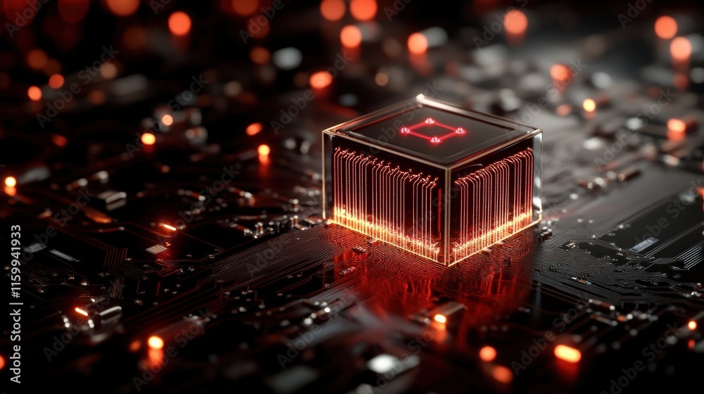 Aufkleber Detailed Close-up of a Transparent Microchip on a Circuit Board with Glowing Elements and Intricate Patterns, Representing Advanced Technology and Innovation