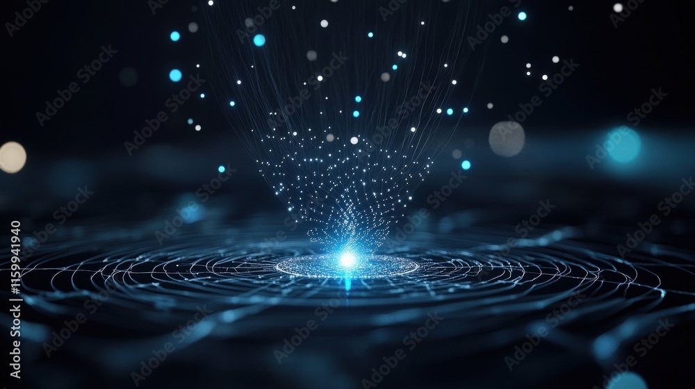 Poster captivating abstract visualization of light particles emanating from a central source, representing 