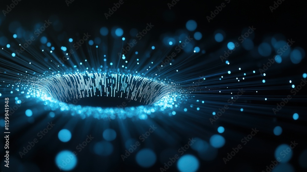 Poster glowing particles emanating from a central void in a dark background, representing energy, light, an