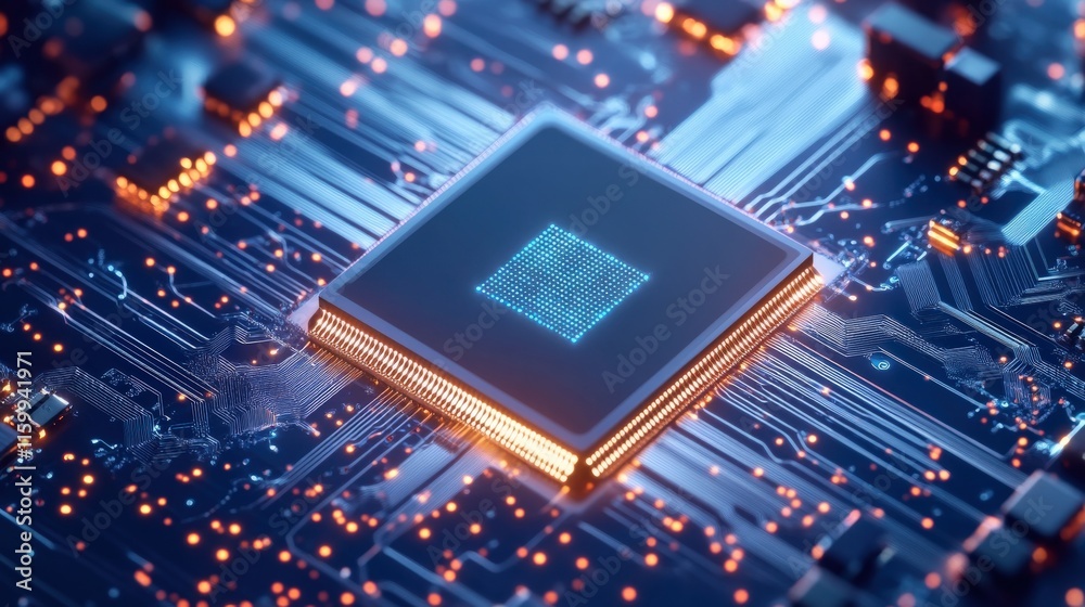 Poster Abstract illustration of a modern microchip on a circuit board showcasing intricate technology patterns, glowing lights, and digital connections for futuristic design concepts.