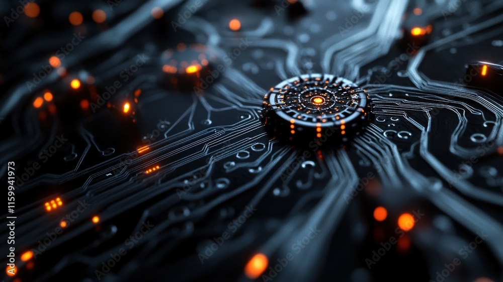 Aufkleber Abstract Digital Circuit Board with Glowing Orange Elements and Intricate Patterns, Representing Modern Technology and Connectivity in a Futuristic Design