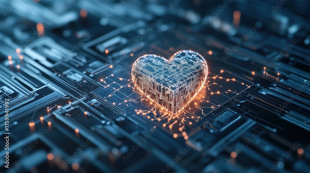 Fototapete Digital Heart in Cyber Space with Glowing Circuit Patterns and Futuristic Technology Elements Conceptualizing Love, Connections, and Innovations in Modern Digital Life