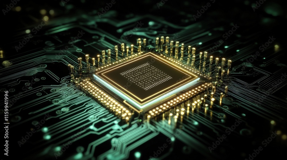 Aufkleber High-Resolution Image of a CPU Chip Surrounded by Detailed Circuit Board Design with Brilliant Gold and Green Lights Highlighting Technology and Innovation