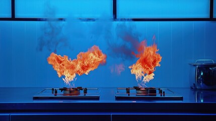 Two flames erupt from stovetop burners in a modern kitchen with blue lighting.