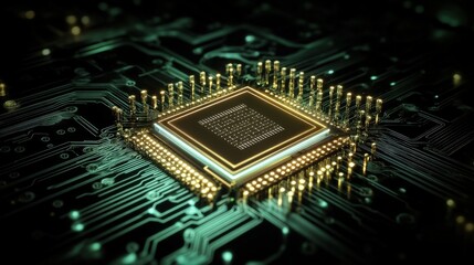 Obraz premium High-Resolution Image of a CPU Chip Surrounded by Detailed Circuit Board Design with Brilliant Gold and Green Lights Highlighting Technology and Innovation