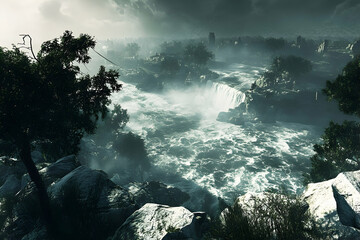 Fototapeta premium Dramatic aerial view of a powerful waterfall cascading through a rugged landscape, with a misty, ancient city in the background.