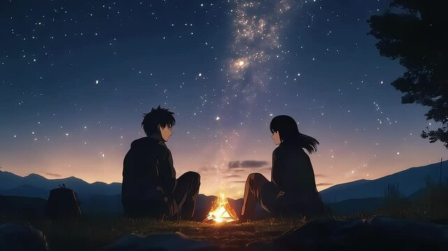 A young couple enjoying a starry night by a campfire under a vibrant sky.