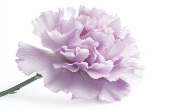 A detailed shot of a soft lilac carnation with its frilled, delicate petals and muted color, isolated white background