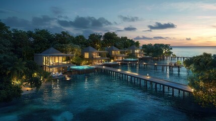 Obraz premium Luxurious overwater bungalows at sunset.