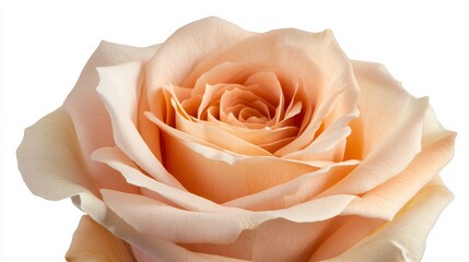 A detailed shot of a soft peach rose with its velvety, overlapping petals and warm color, isolated white background