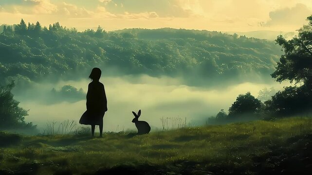 A girl in a long dress stands with a rabbit overlooking a misty landscape at dawn.