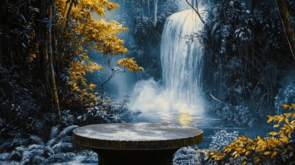 Fototapeta premium Serene waterfall scene with empty stone table.