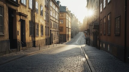 Obraz premium Sunlit cobblestone street in old town, sunrise.