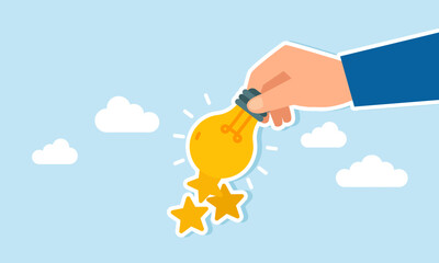 Hand holding a glowing lamp emitting stars, illustration of ideas and innovation to improve business ratings and quality