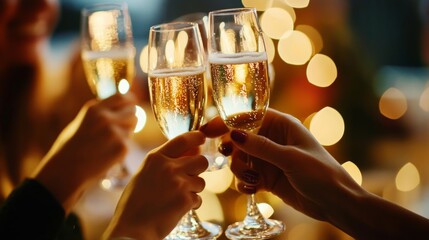 A cheerful family toasting with sparkling cider at a New Years dinner table